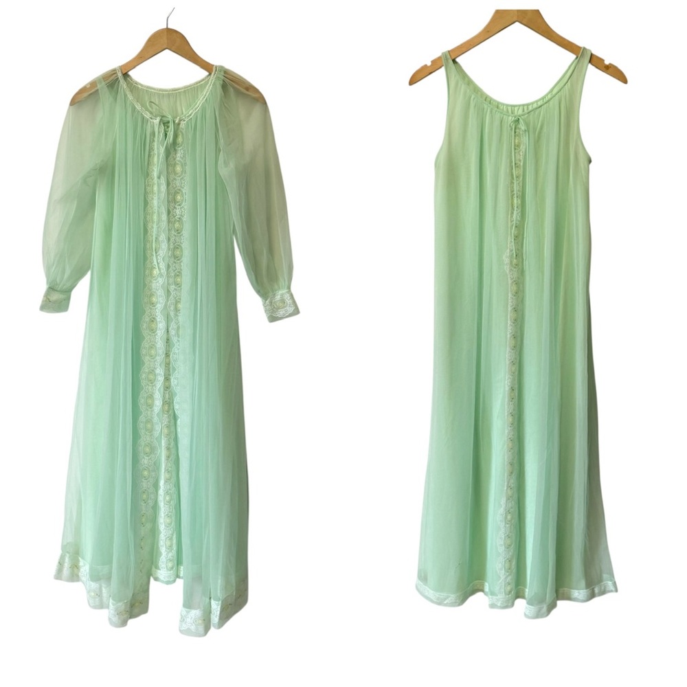 Vintage 50s Peognoir Set Ming Green Nighty Robe Lace Sheer Retro Small Medium